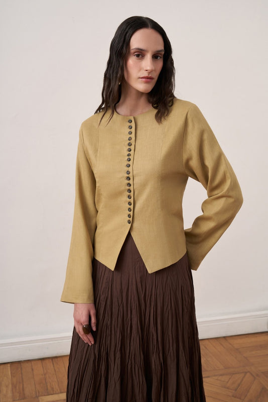 Capri Buttoned Linen Jacket Olive