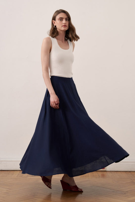 Viola Cup Stitched Linen Skirt Navy Blue