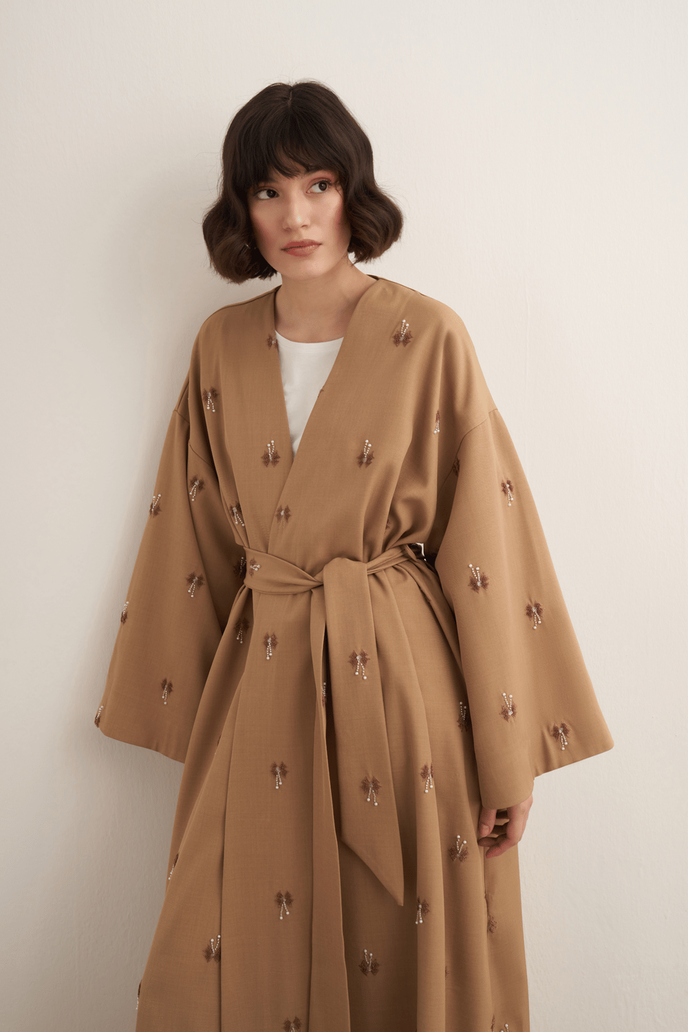 Qamrah Beaded Long Kimono Beige