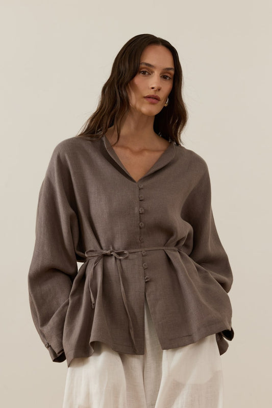 Brisa Belted Linen Shirt Anthracite