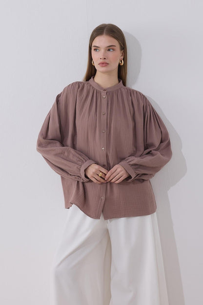 August Mandarin Collar Muslin Shirt Butter