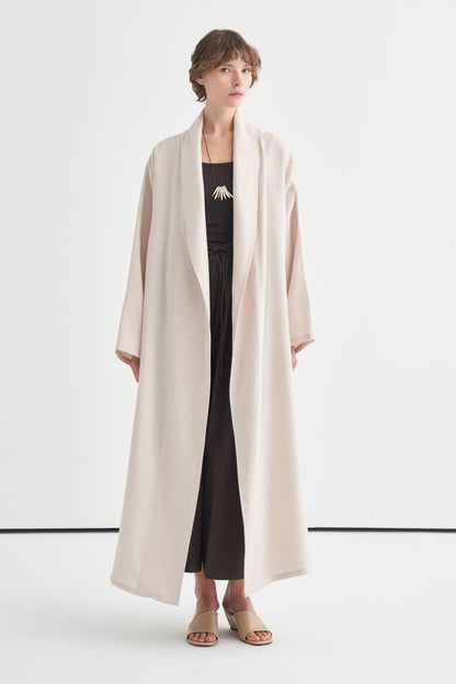 Celes Yaka Detaylı Keten Kimono Saks Mavisi