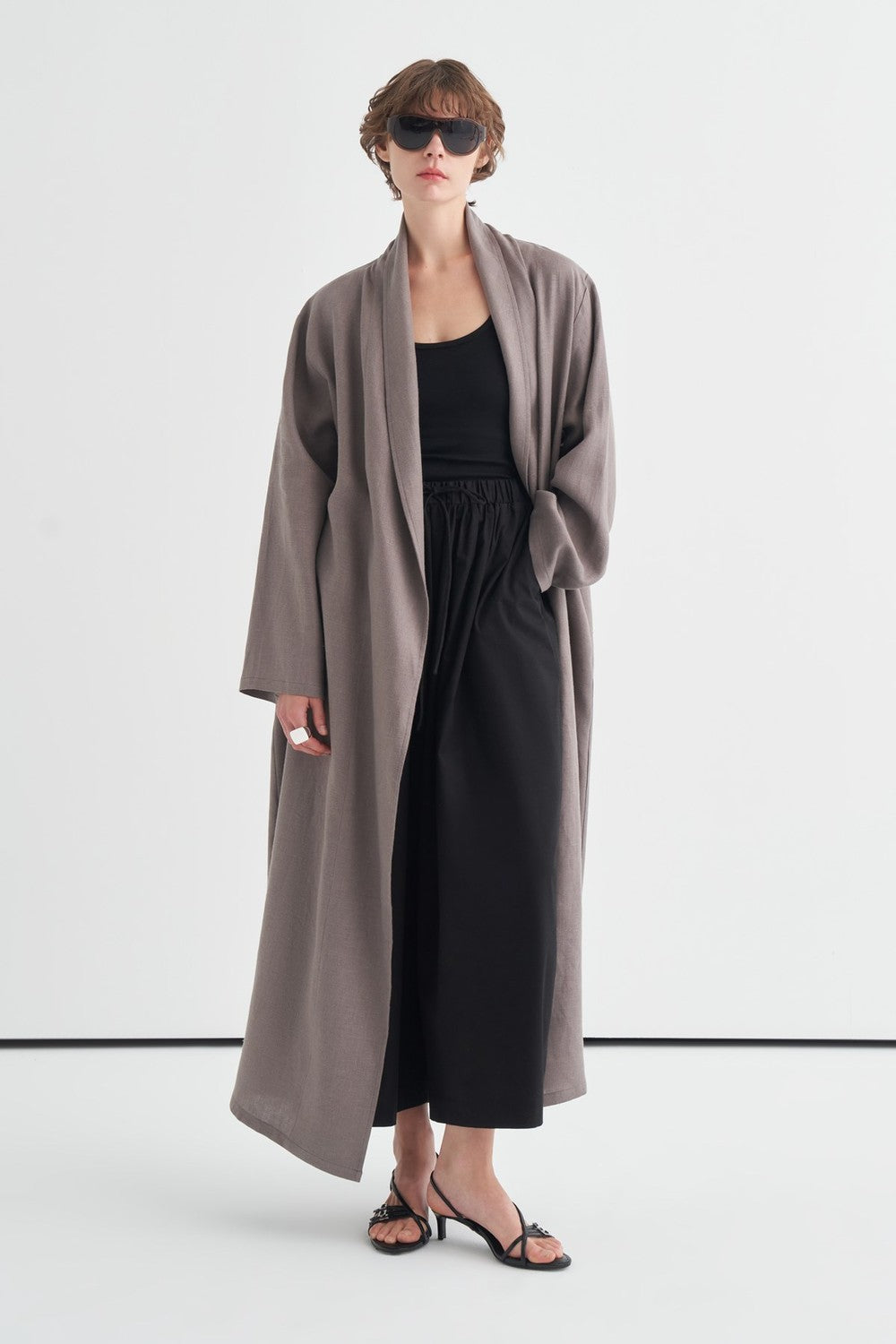 Celes Yaka Detaylı Keten Kimono Saks Mavisi