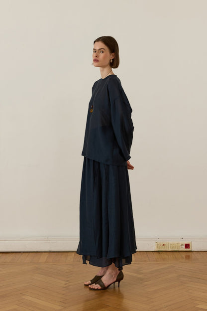 Giada Asymmetrical Patchwork Skirt Set in Navy Blue