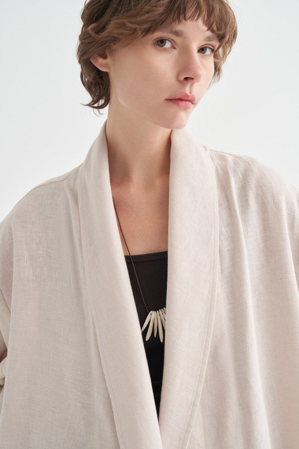 Celes Yaka Detaylı Keten Kimono Saks Mavisi