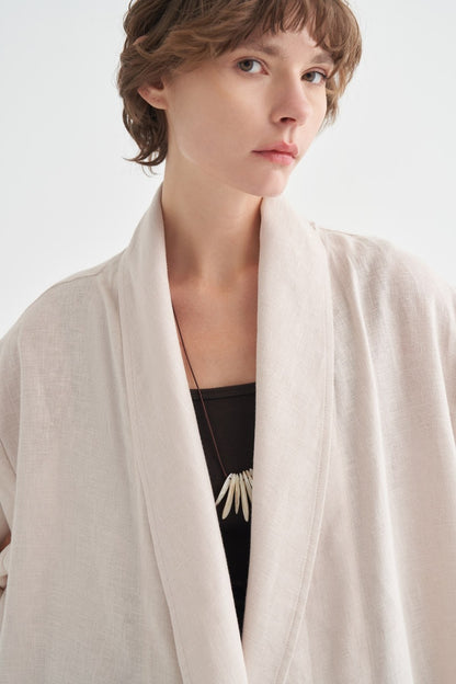 Celes Yaka Detaylı Keten Kimono Saks Mavisi