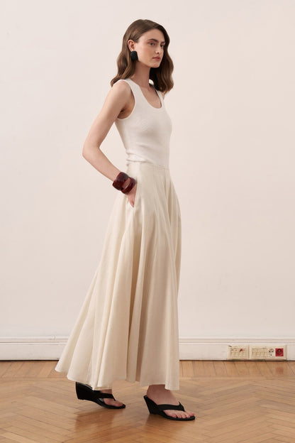 Viola Cup Stitched Linen Skirt Navy Blue