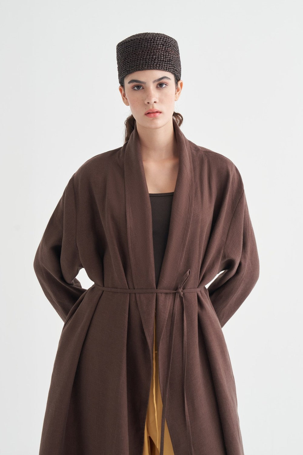 Celes Yaka Detaylı Keten Kimono Saks Mavisi