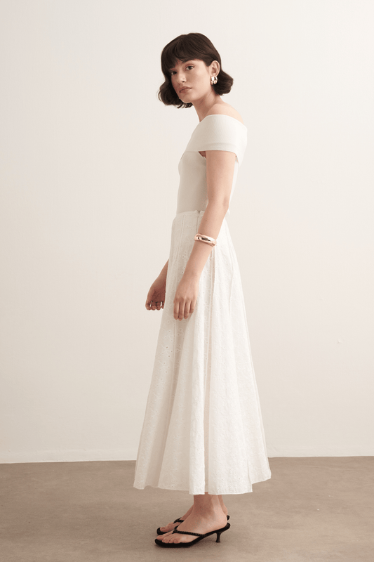 Ember Ribbed Embroidered Voile Skirt White