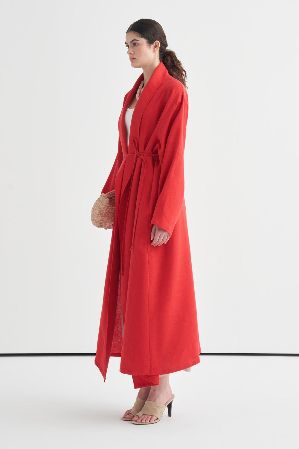 Celes Yaka Detaylı Keten Kimono Saks Mavisi