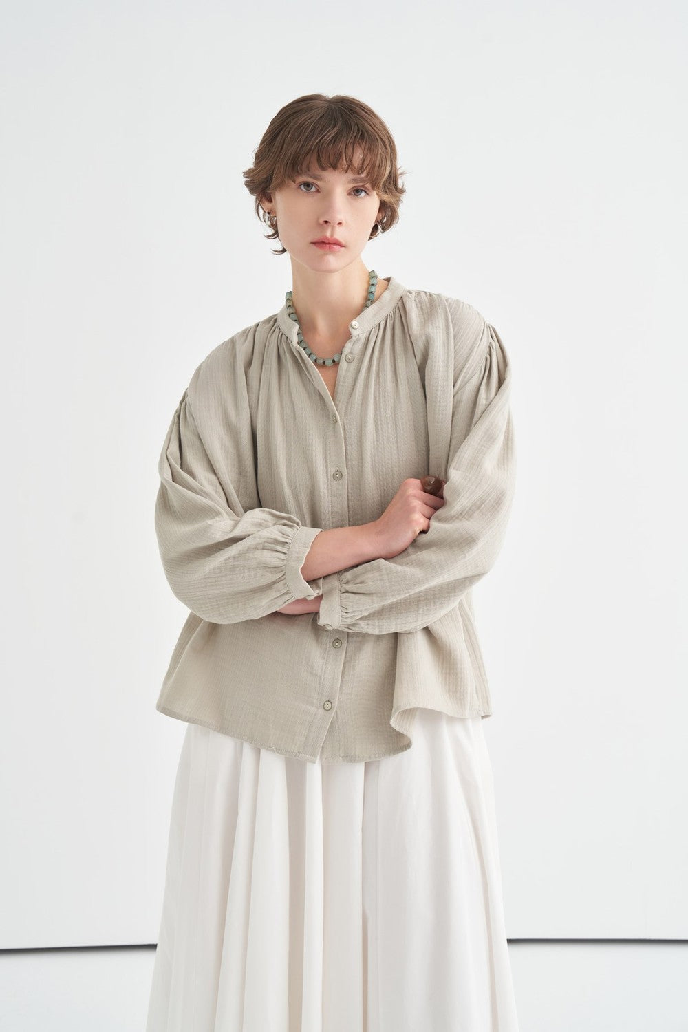 August Mandarin Collar Muslin Shirt Butter