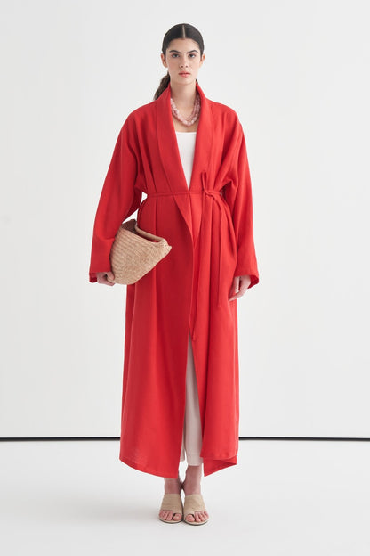 Celes Yaka Detaylı Keten Kimono Saks Mavisi