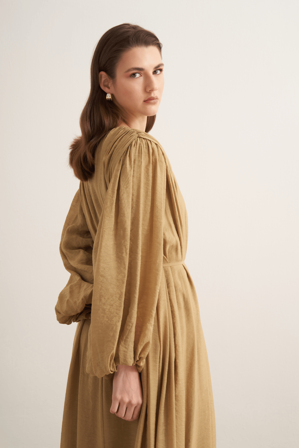 Cleo Gathered Detail Long Dress Olive