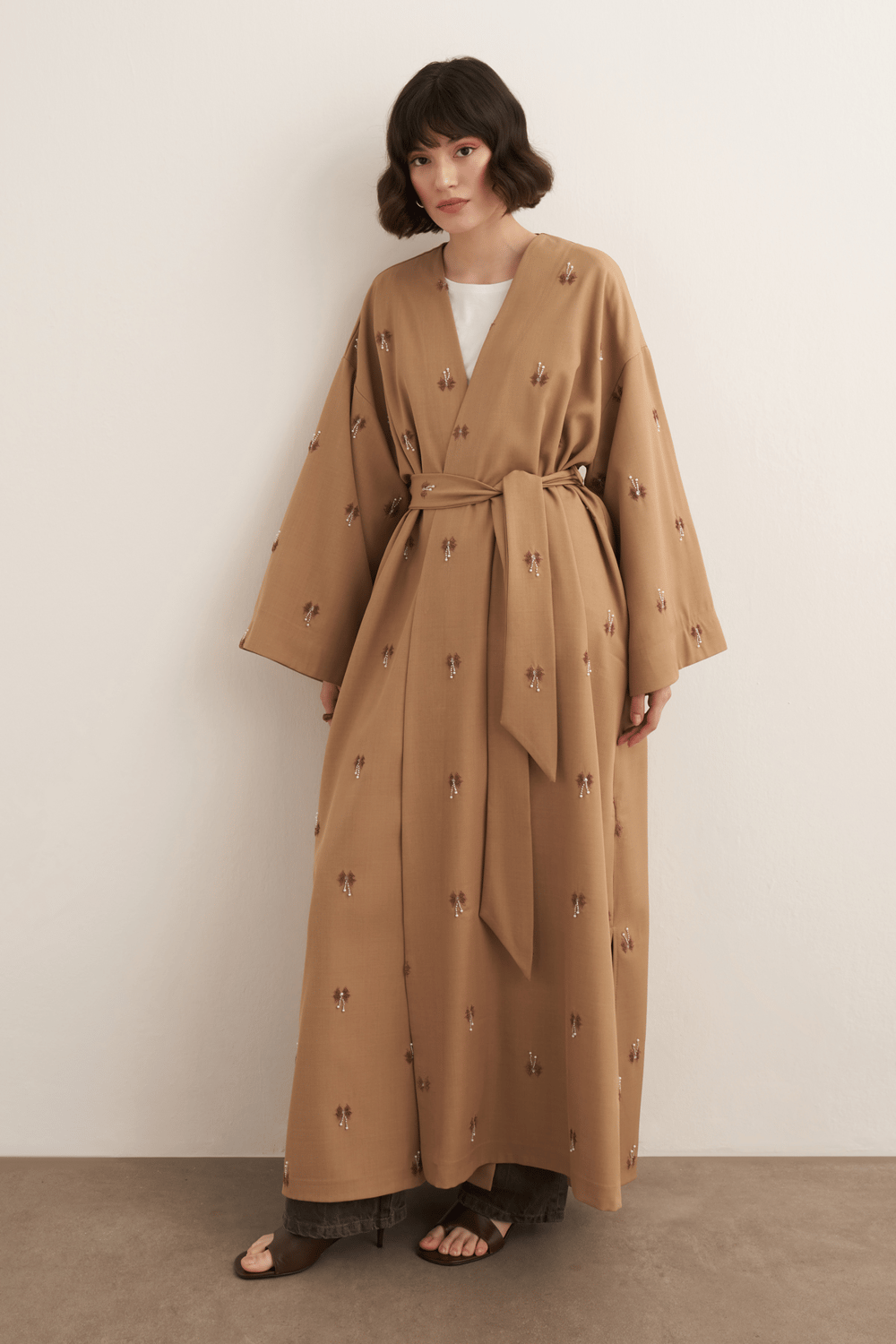 Qamrah Beaded Long Kimono Beige