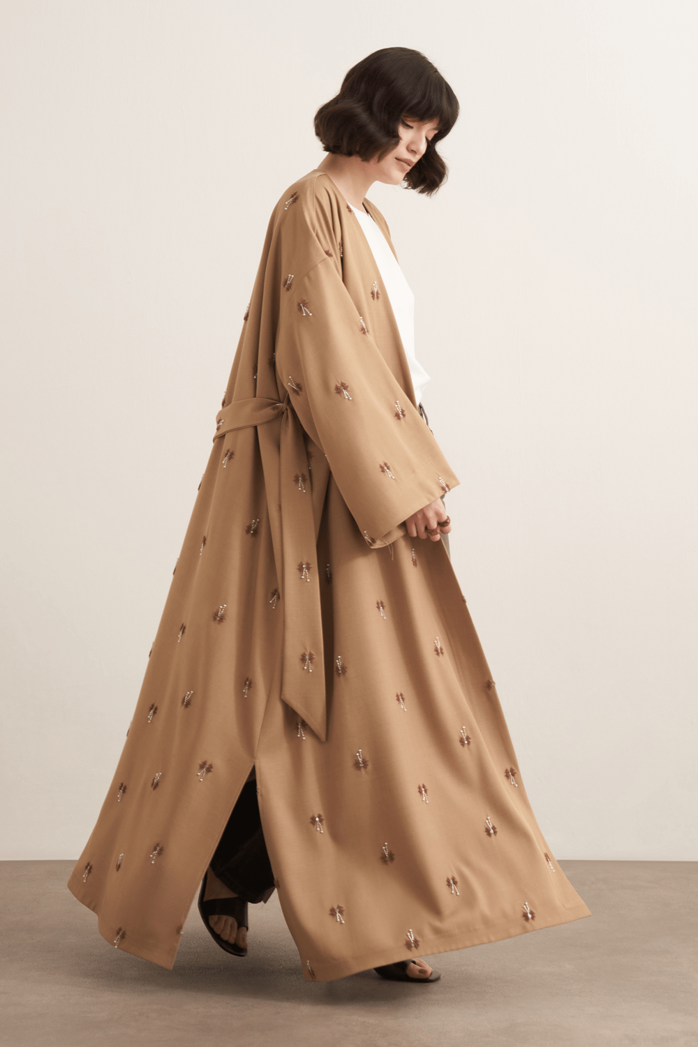 Qamrah Beaded Long Kimono Beige