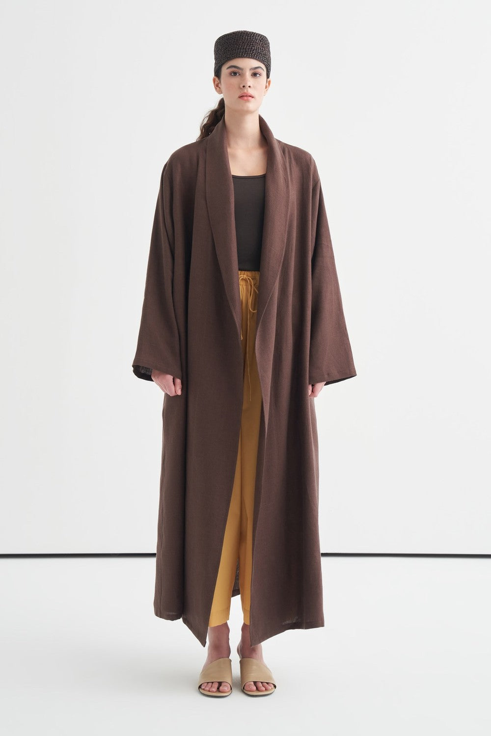 Celes Yaka Detaylı Keten Kimono Saks Mavisi
