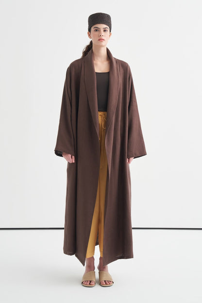 Celes Yaka Detaylı Keten Kimono Saks Mavisi