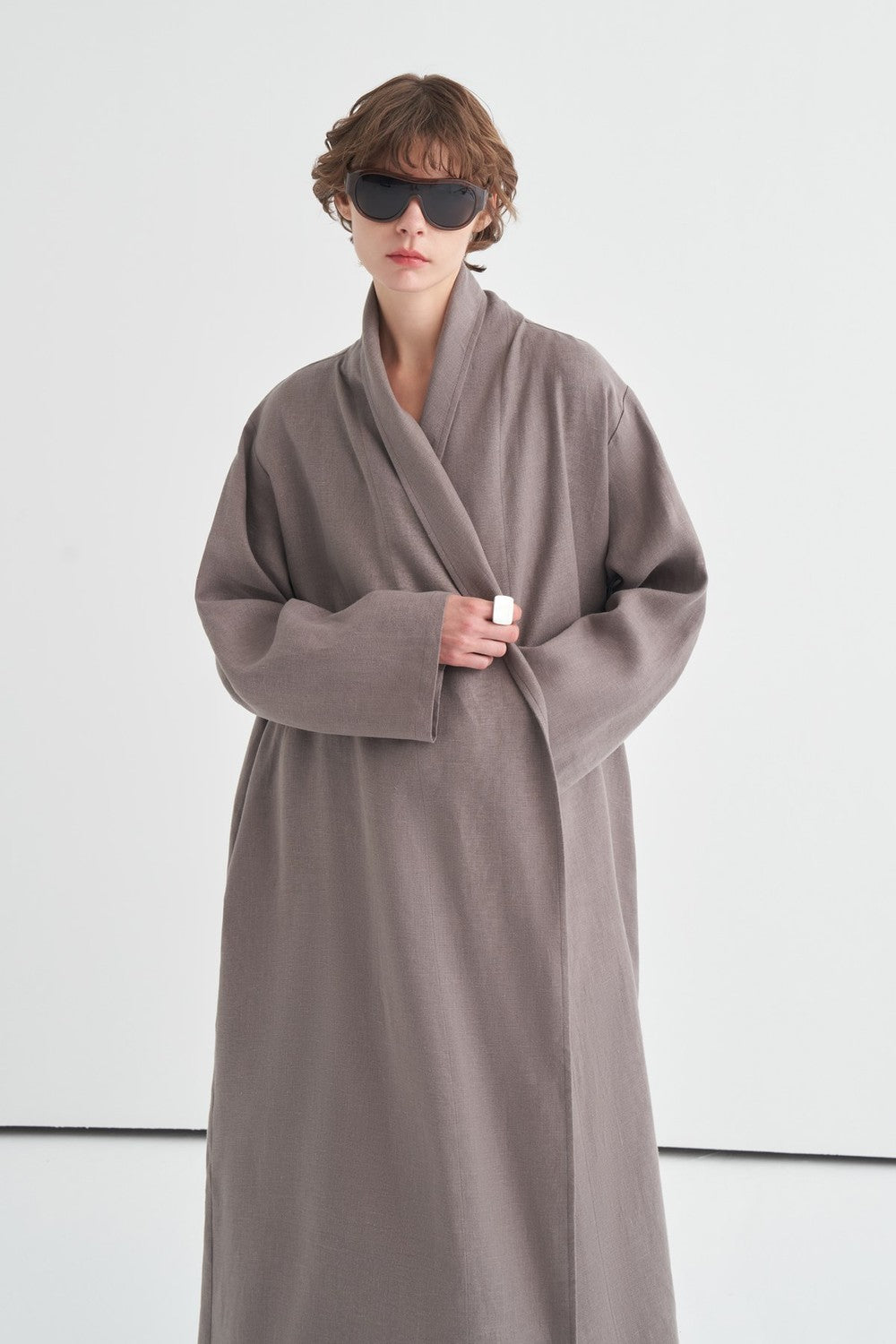 Celes Yaka Detaylı Keten Kimono Saks Mavisi