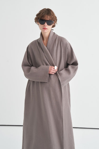 Celes Yaka Detaylı Keten Kimono Saks Mavisi