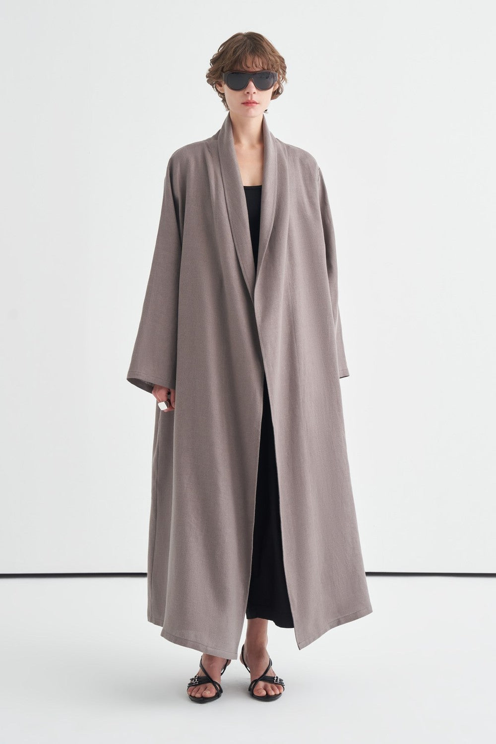 Celes Yaka Detaylı Keten Kimono Saks Mavisi