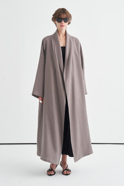 Celes Yaka Detaylı Keten Kimono Saks Mavisi