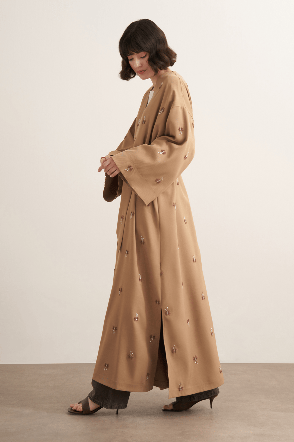 Qamrah Beaded Long Kimono Beige