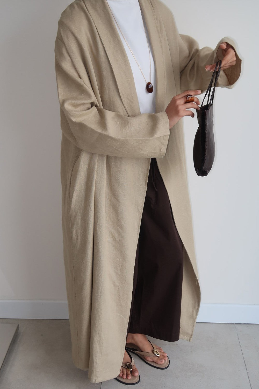 Celes Yaka Detaylı Keten Kimono Saks Mavisi