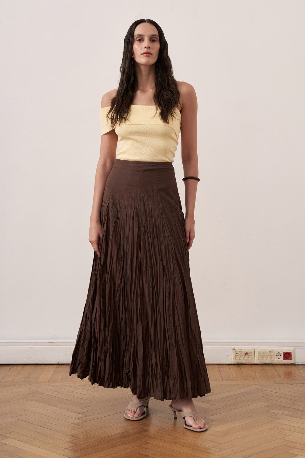 Cherianne.com brown cotton voile maxi skirt with a crushed crinkle texture and high-waisted paneled design