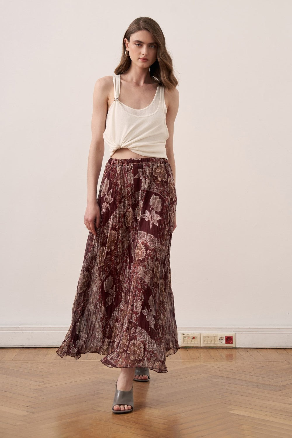 Else Patterned Chiffon Crush Skirt Burgundy