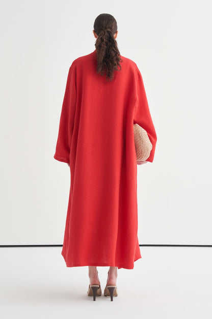 Celes Yaka Detaylı Keten Kimono Saks Mavisi