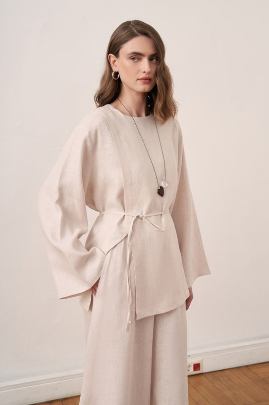 Azela Belted Linen Blouse in Stone