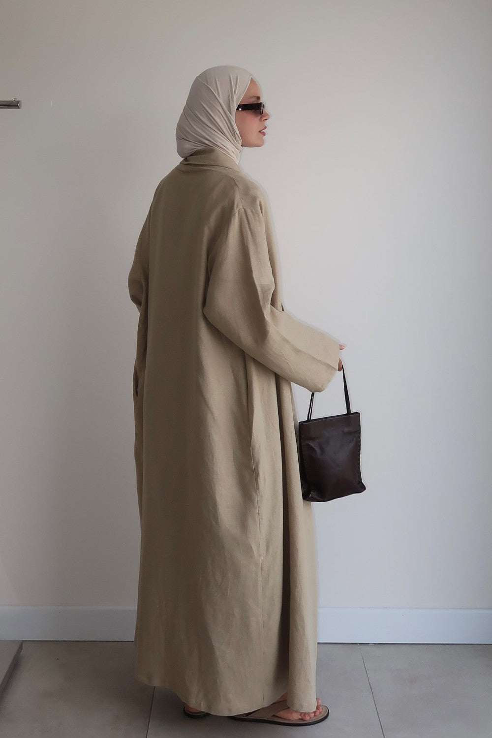 Celes Yaka Detaylı Keten Kimono Saks Mavisi