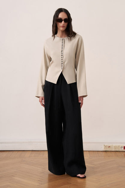 Capri Buttoned Linen Jacket Olive