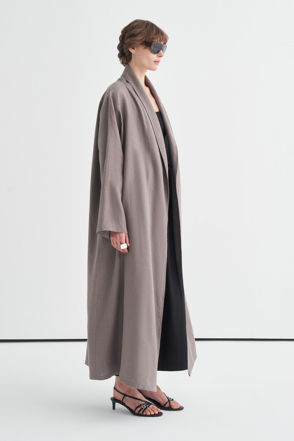 Celes Yaka Detaylı Keten Kimono Saks Mavisi