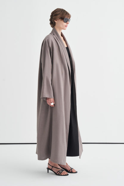 Celes Yaka Detaylı Keten Kimono Saks Mavisi