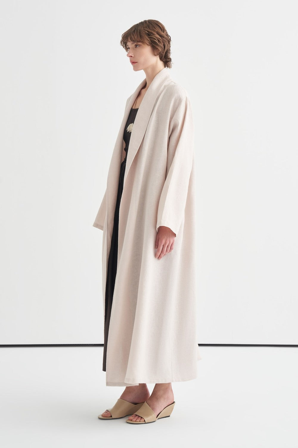 Celes Yaka Detaylı Keten Kimono Saks Mavisi