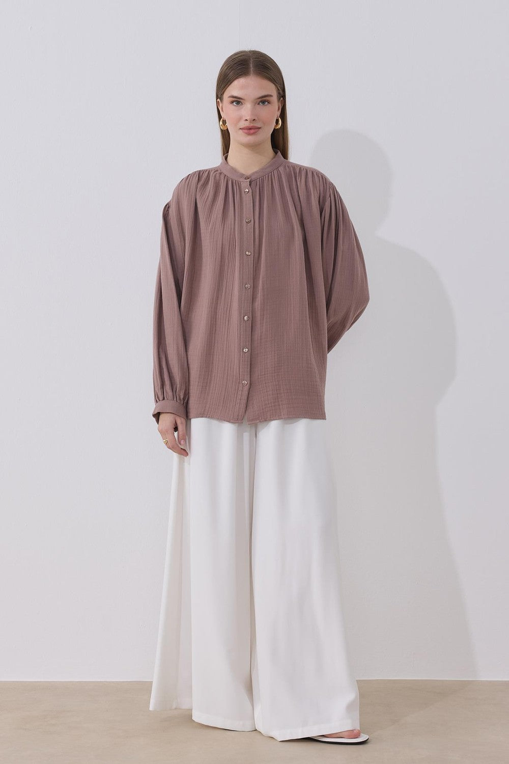 August Mandarin Collar Muslin Shirt Butter