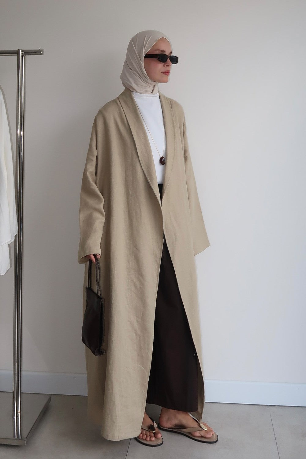 Celes Yaka Detaylı Keten Kimono Saks Mavisi