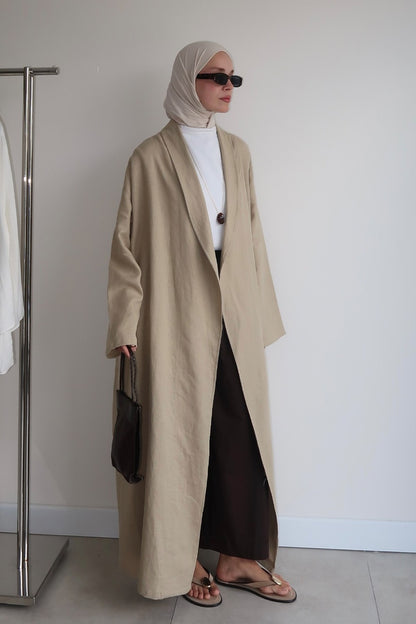 Celes Yaka Detaylı Keten Kimono Saks Mavisi