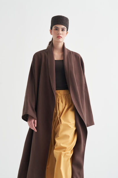 Celes Yaka Detaylı Keten Kimono Saks Mavisi