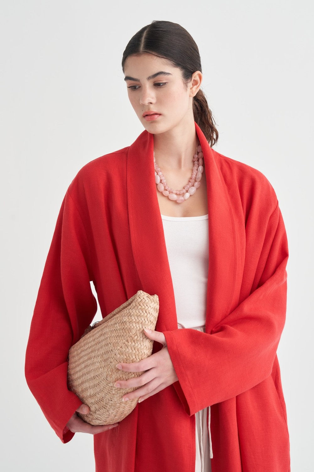 Celes Yaka Detaylı Keten Kimono Saks Mavisi