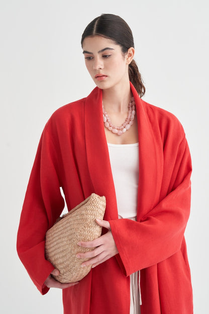 Celes Yaka Detaylı Keten Kimono Saks Mavisi