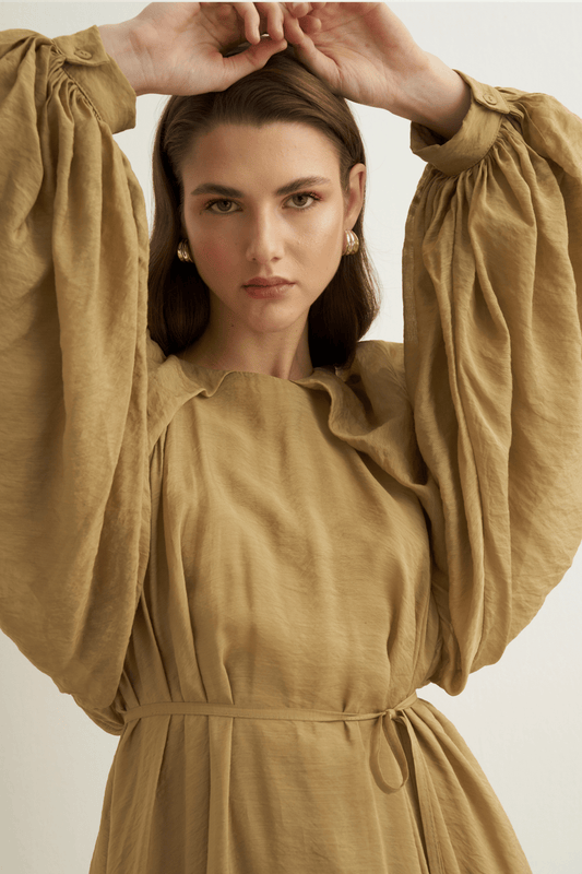 Arsela Balloon Sleeve Long Dress Olive