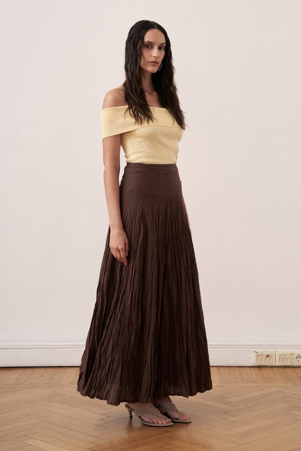 Cherianne.com brown cotton voile maxi skirt with a crushed crinkle texture and high-waisted paneled design
