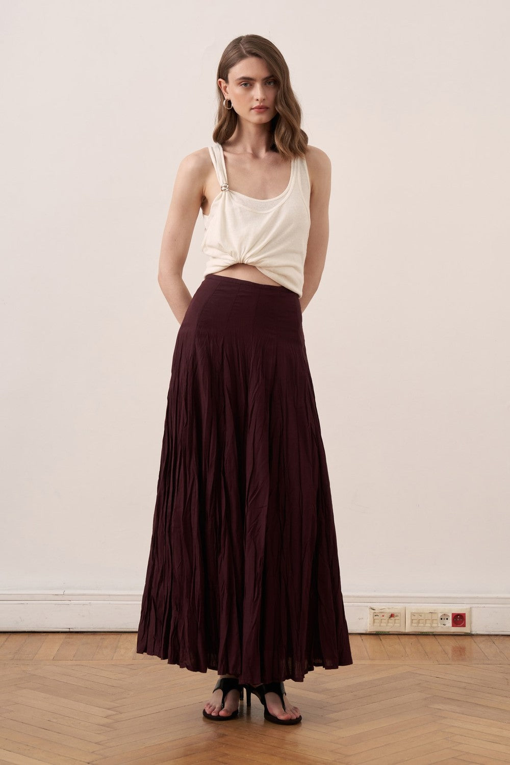 Cherianne.com Tyra maxi skirt in dark burgundy cotton voile with a crushed crinkle texture and high-waisted fit.