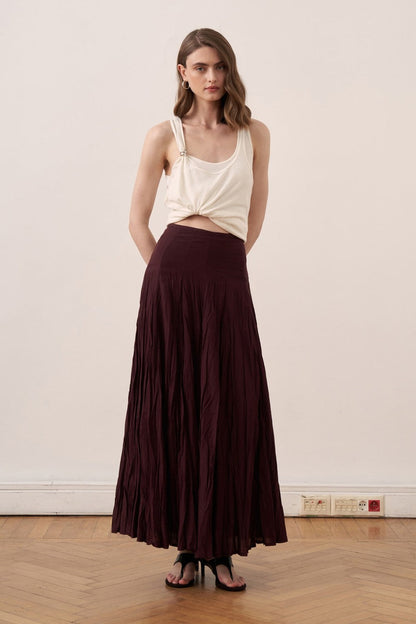 Cherianne.com Tyra maxi skirt in dark burgundy cotton voile with a crushed crinkle texture and high-waisted fit.