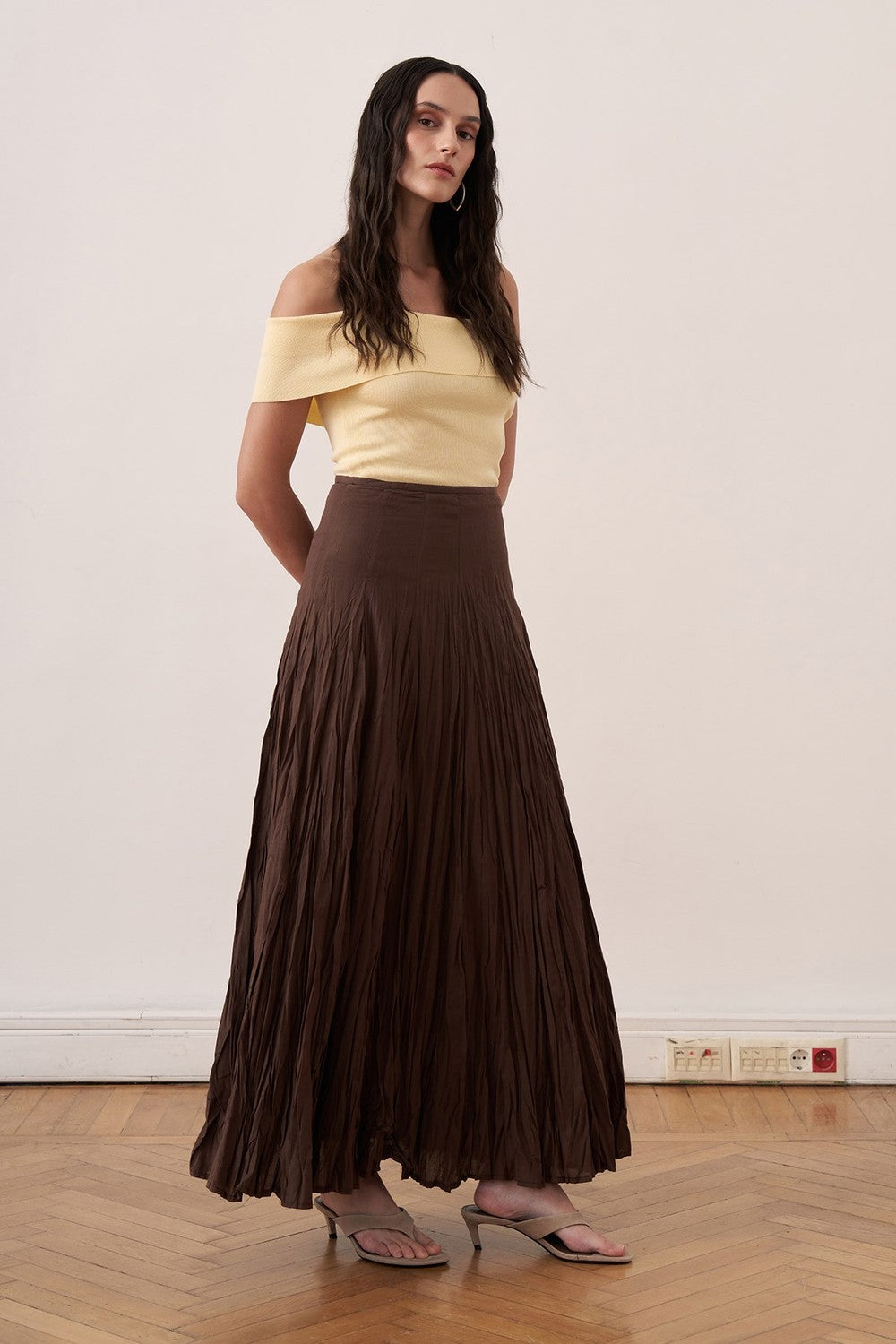 Cherianne.com brown cotton voile maxi skirt with a crushed crinkle texture and high-waisted paneled design