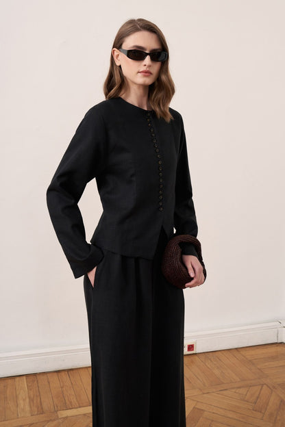 Capri Buttoned Linen Jacket Olive
