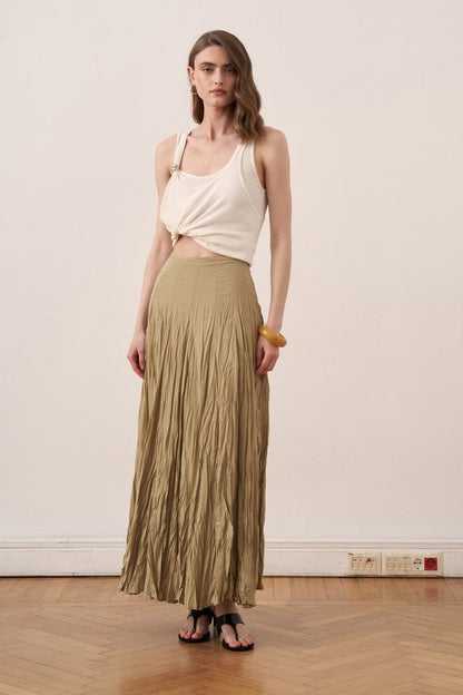 Cherianne.com olive green cotton voile maxi skirt with a crushed crinkle texture and high-waisted paneled design.