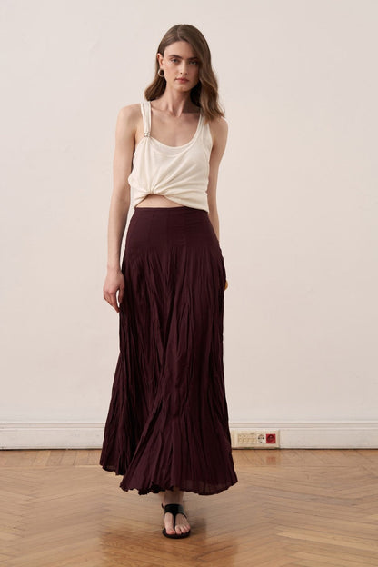 Cherianne.com Tyra maxi skirt in dark burgundy cotton voile with a crushed crinkle texture and high-waisted fit.